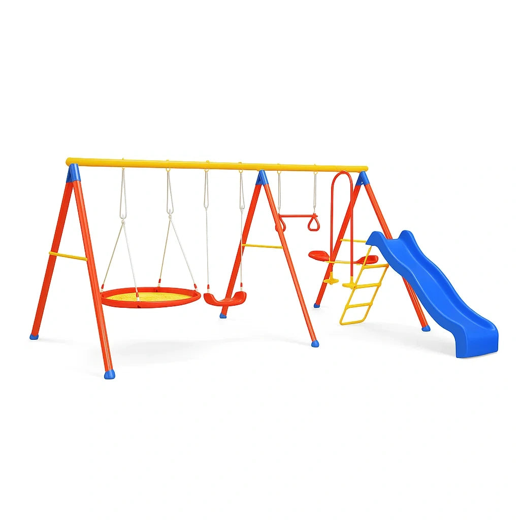 Kinderspielplatz mit Schaukel, Rutsche und Klettergerüst aus Metall in Blau/Rot/Gelb