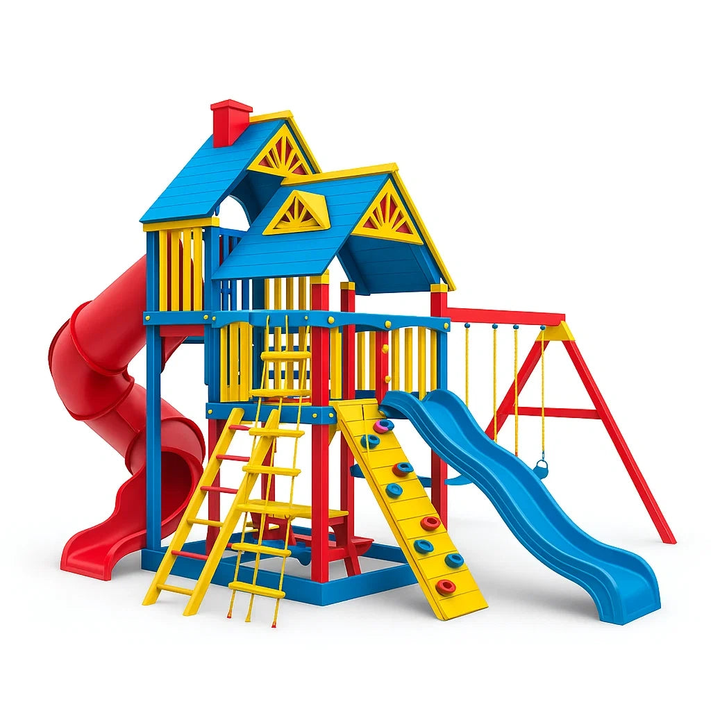 Kinder-Spielplatz aus Polyethylen, Rot/Blau/Gelb, 300cm x 250cm x 220cm