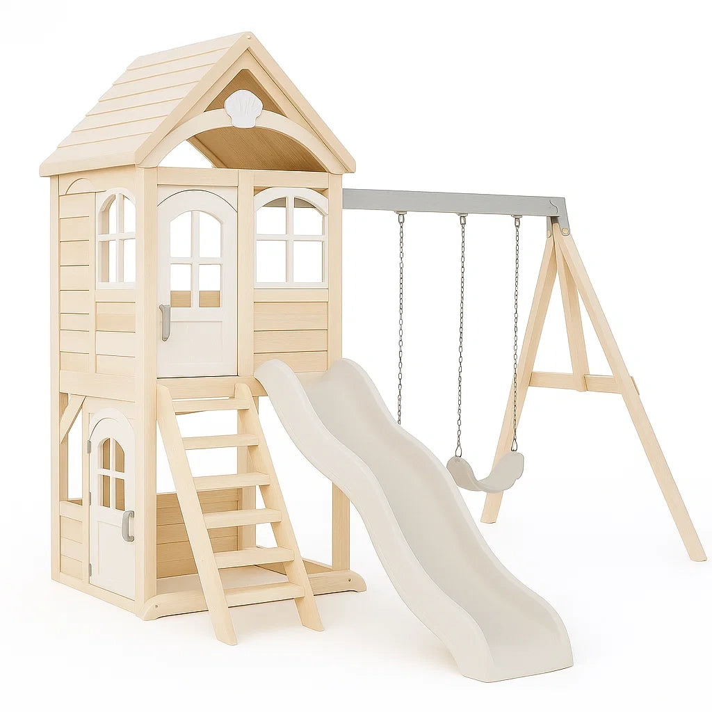 Holzspielhaus mit Rutsche und Schaukel Natur
