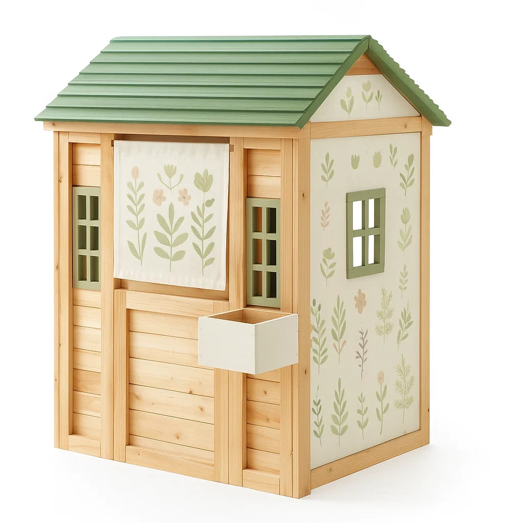 Kinder Spielhaus Holz Naturholz mit Blumenmuster 120cm x 100cm x 150cm