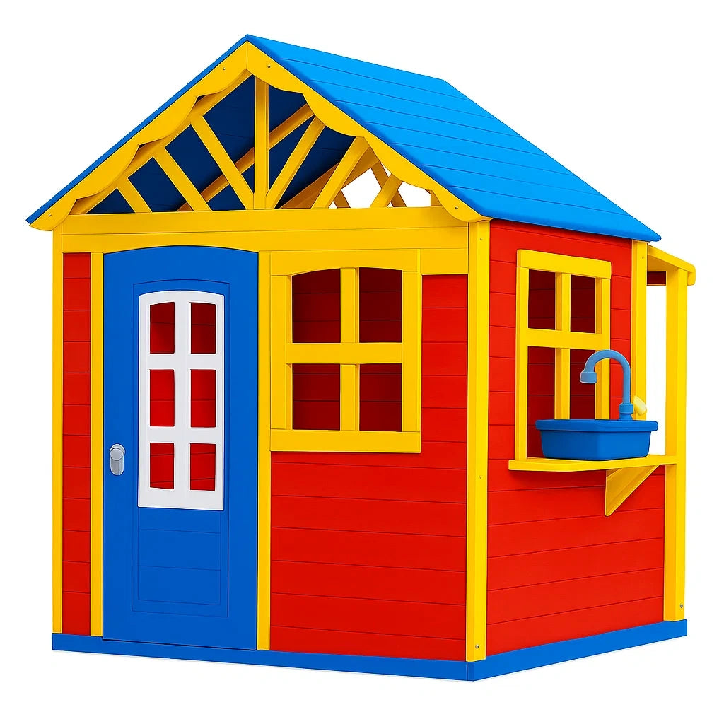 Kinder Spielhaus Holz Rot/Blau/Gelb
