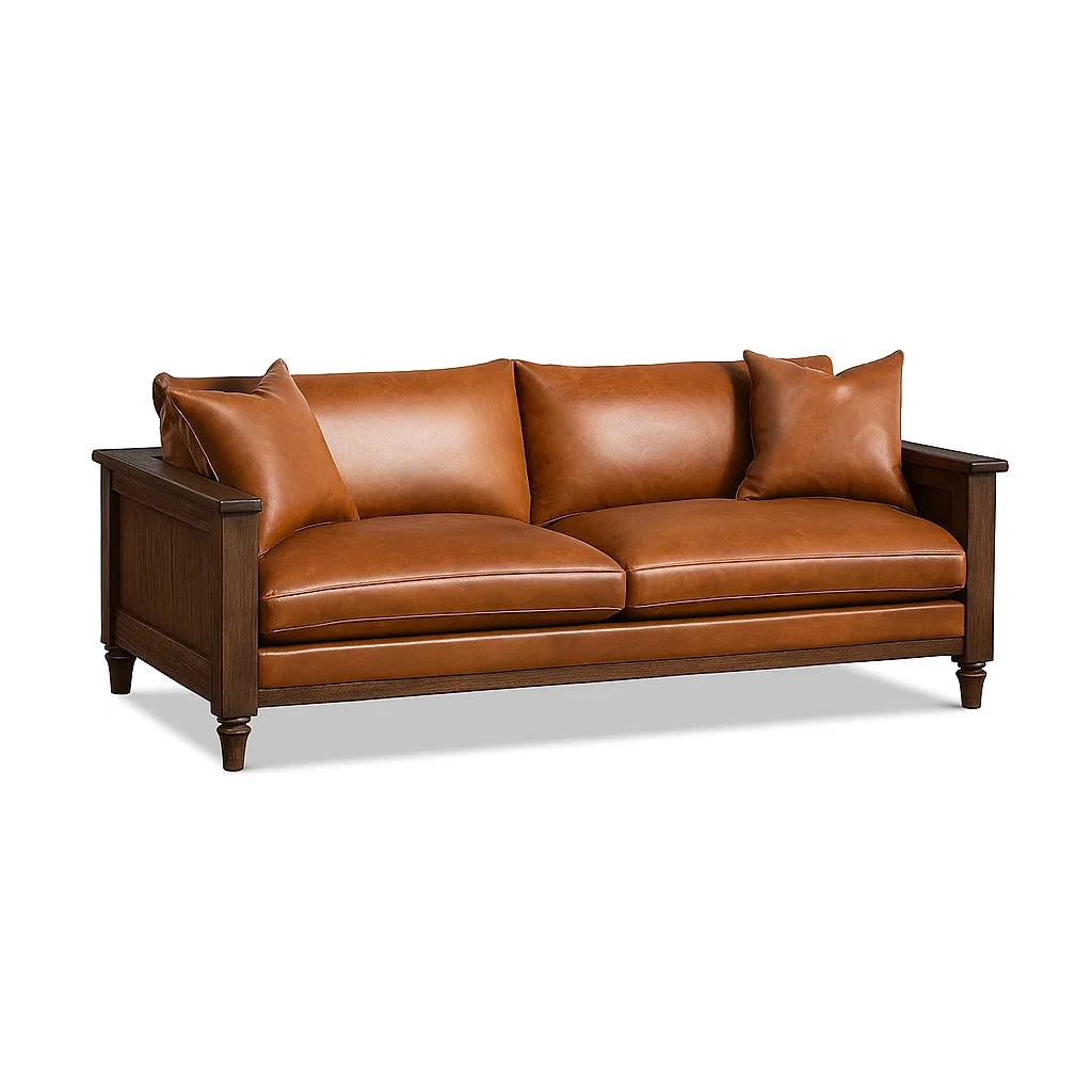 3-Sitzer Ledersofa Braun Eiche Massivholz