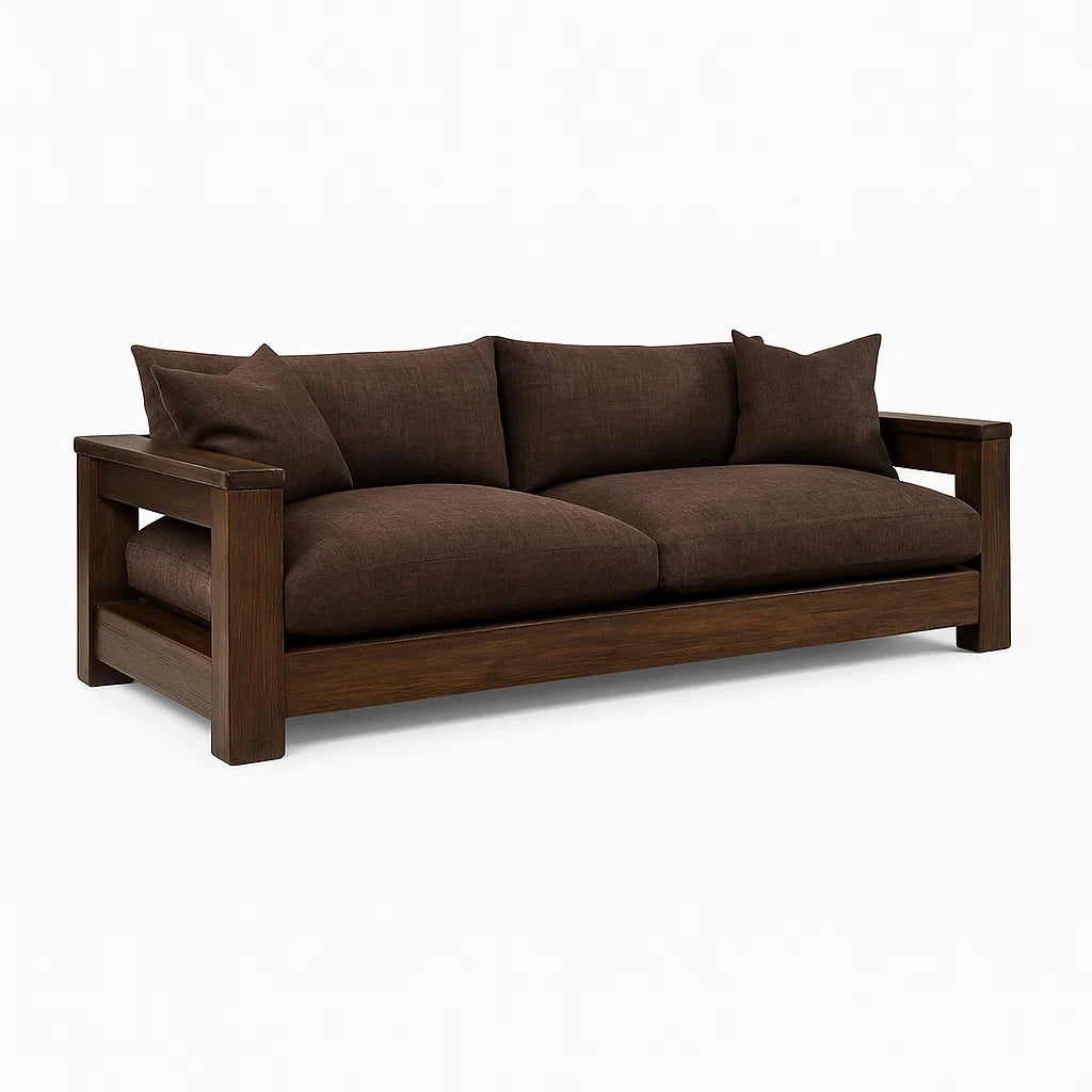 Dreisitzer-Sofa aus Holz mit Leinenbezug, Braun