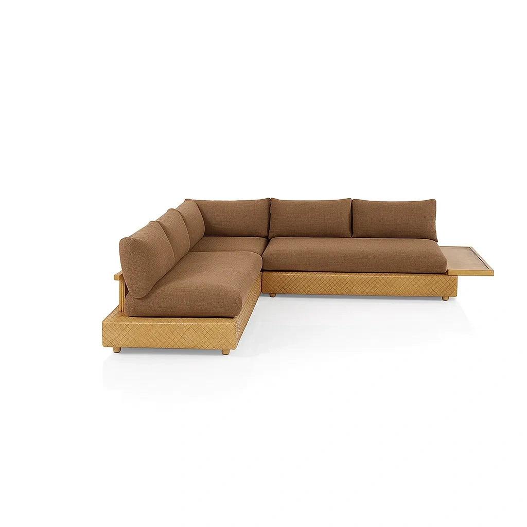 Ecksofa Braun aus Stoff und Holz mit Rattan