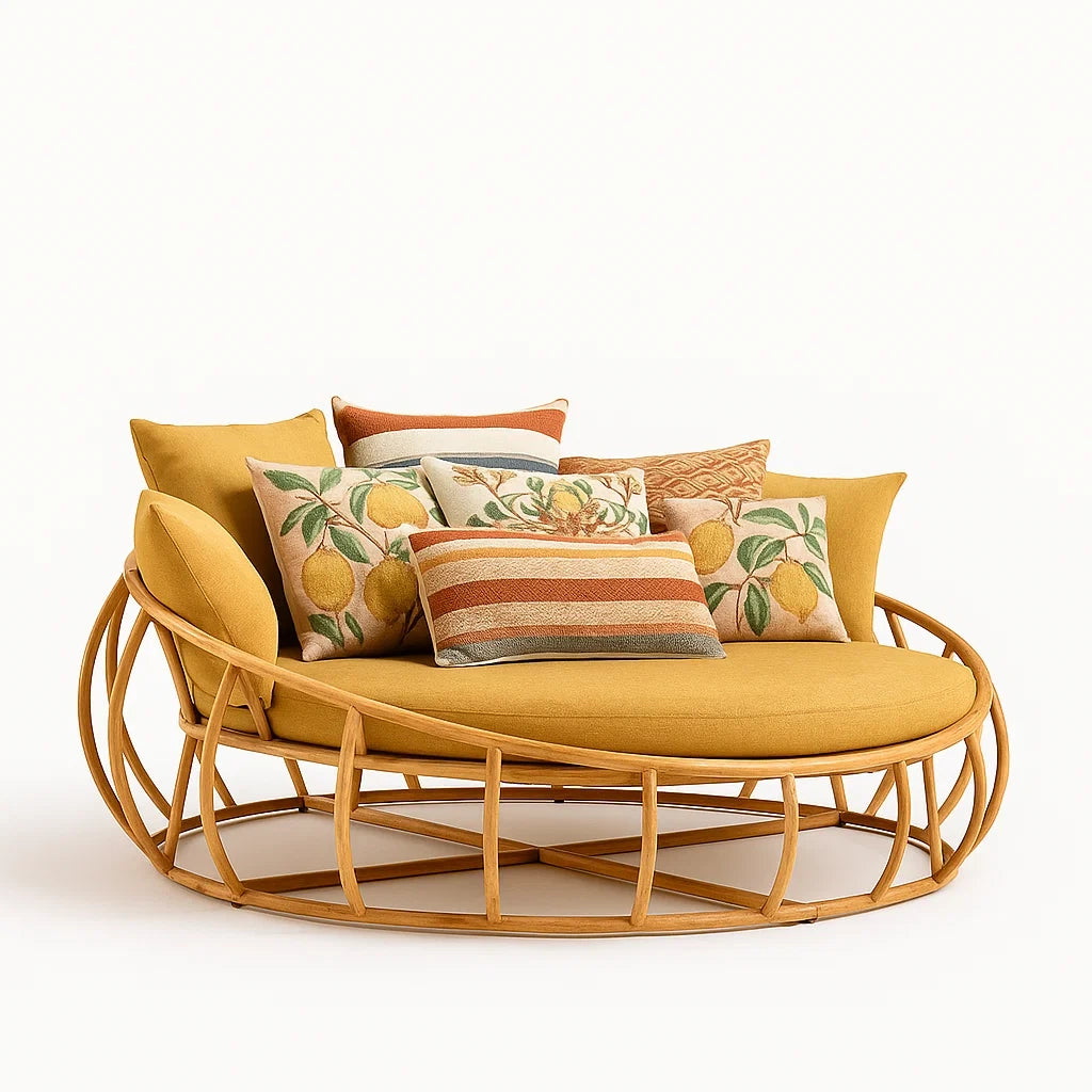 Rundes Sofa aus Rattan mit Gelben Polyesterkissen