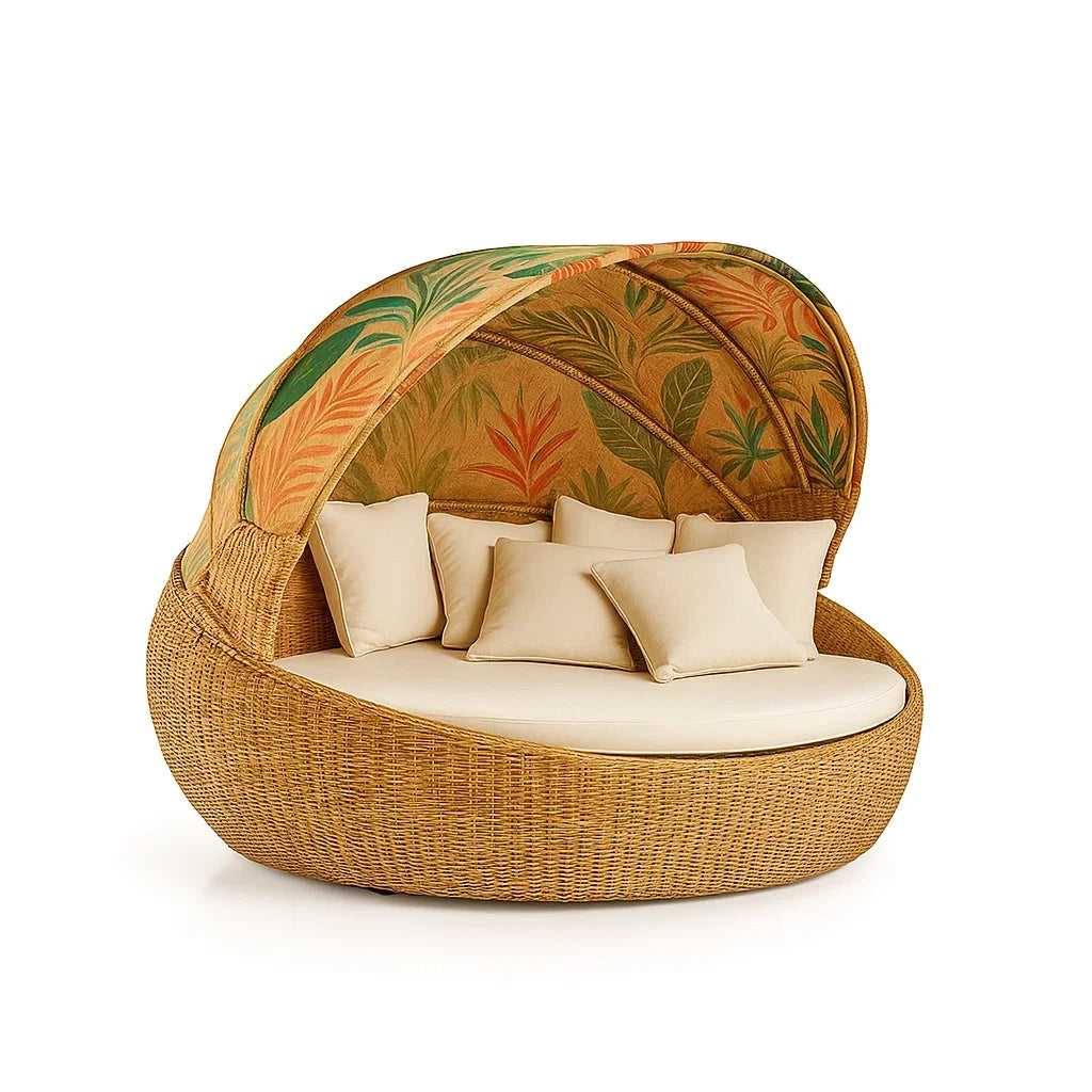 Runde Rattan Sonnenliege mit Verstellbarem Dach und Kissen Natur