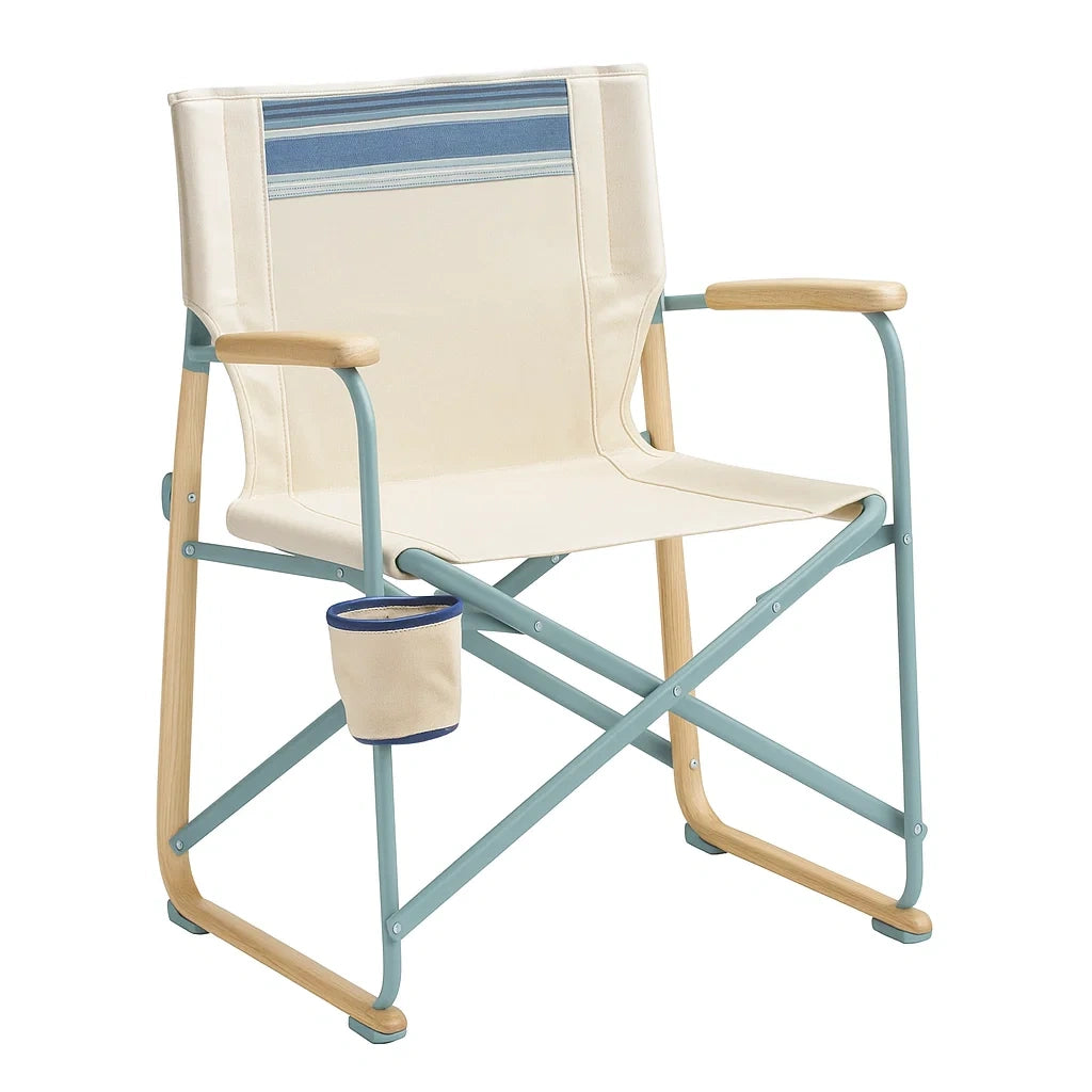 Klappbarer Stuhl aus Metall mit Baumwollbezug in Beige und Blau