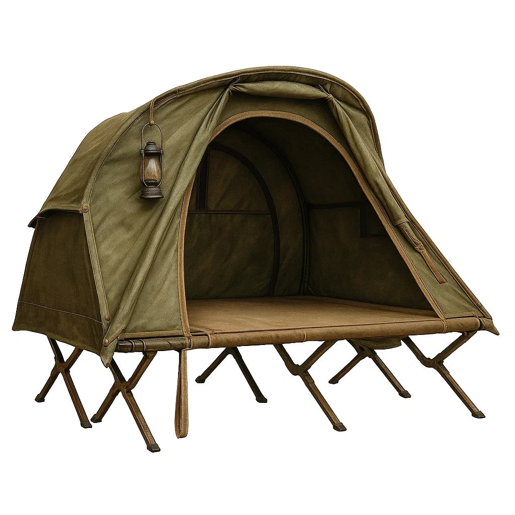 Canvas-Campingzelt mit integrierter Liege und Aluminiumrahmen, Olivgrün