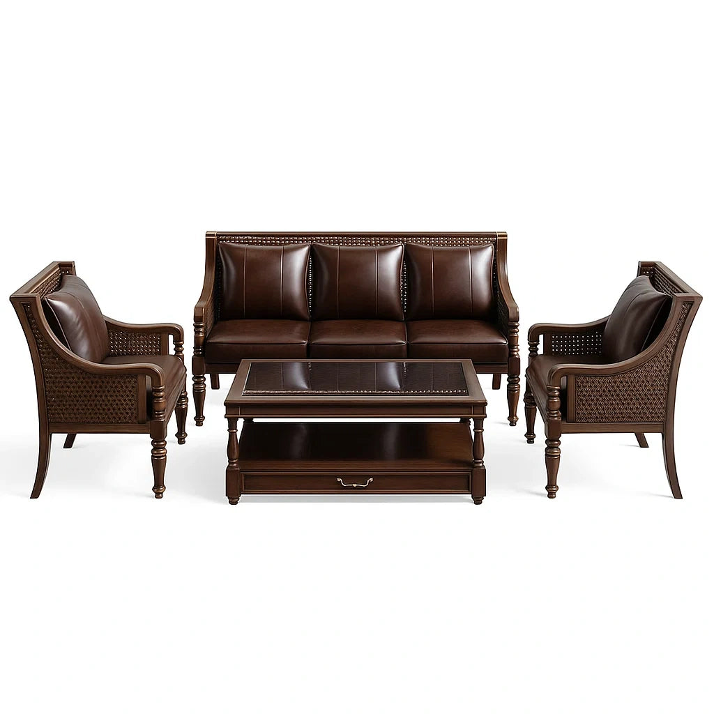 Sofa-Set aus Holz und Kunstleder Braun