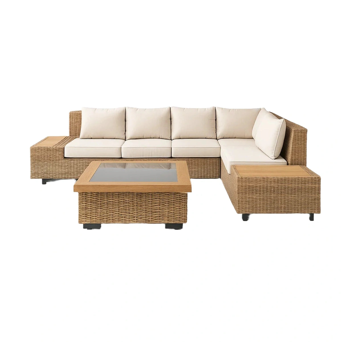 Ecksofa Set aus Rattan mit Tisch und Kissen