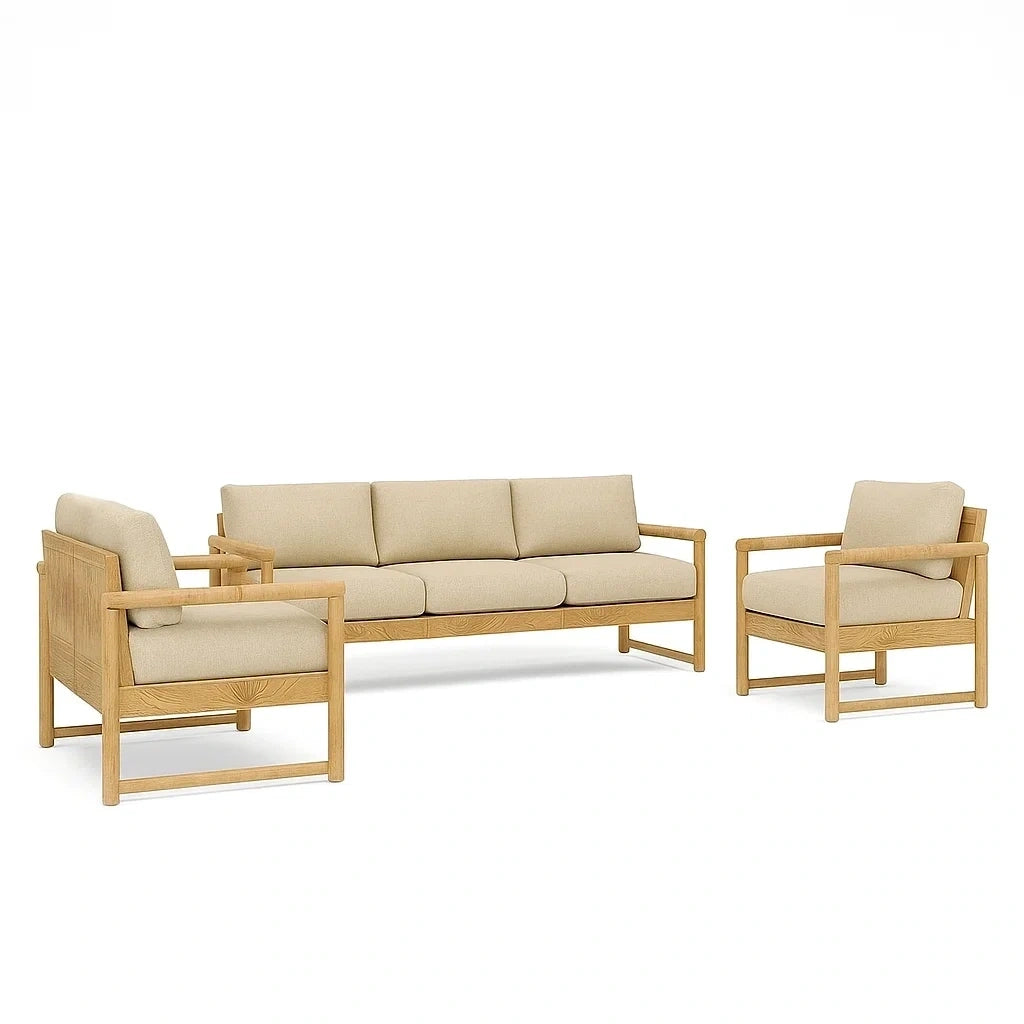 3-teiliges Sofa-Set aus Holz mit Polyesterbezug in Beige