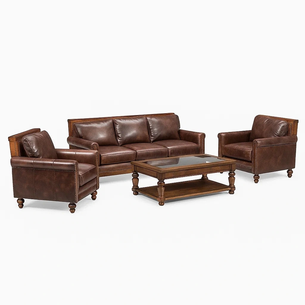 Wohnzimmer Set aus Leder und Holz in Braun, Sofa, Sessel und Tisch
