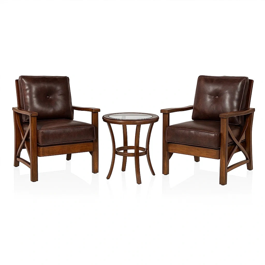 2er Set Lederclubsessel mit Holzbasis und Glastisch