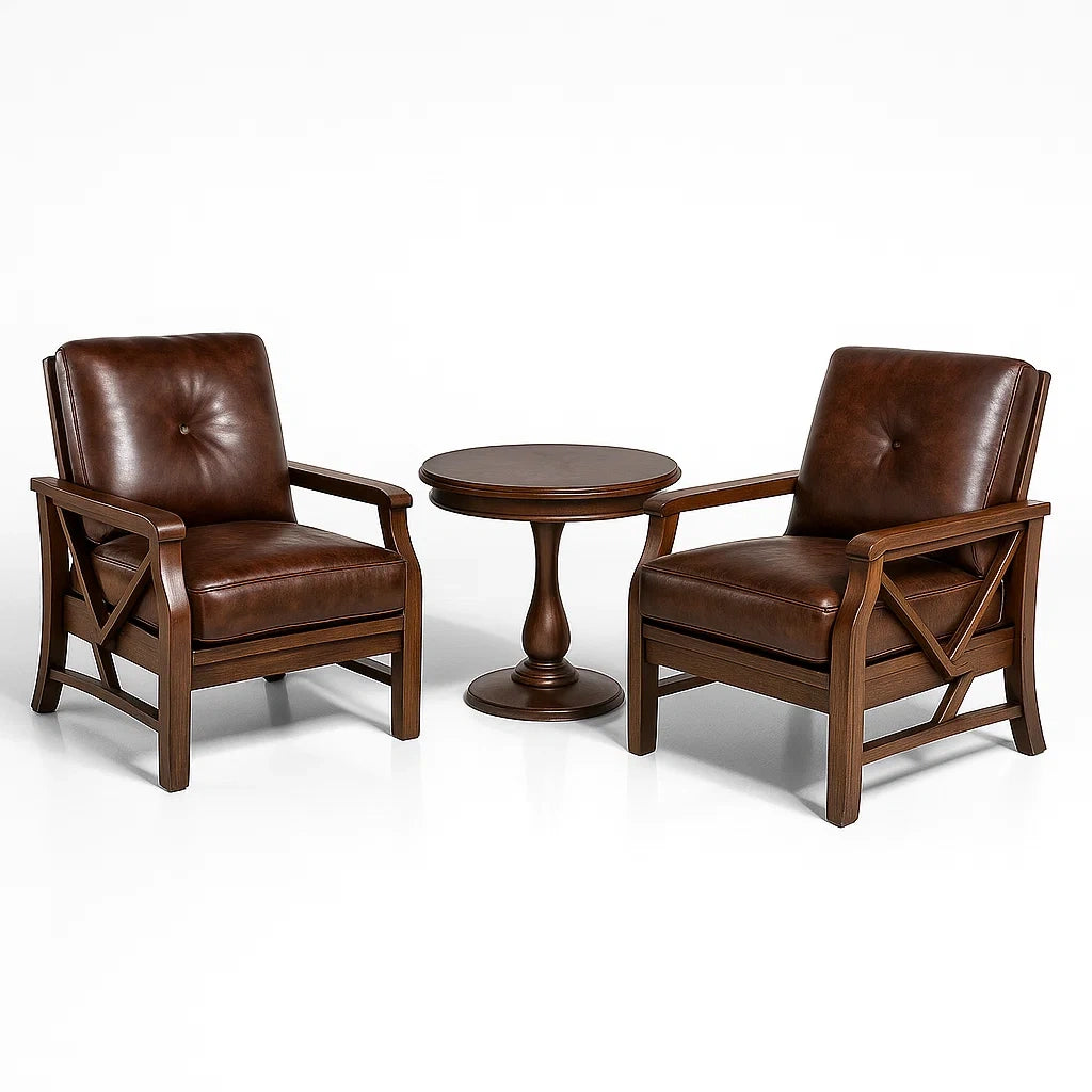 2-teiliges Set aus Holz und Kunstleder in Braun - Sessel und runder Tisch