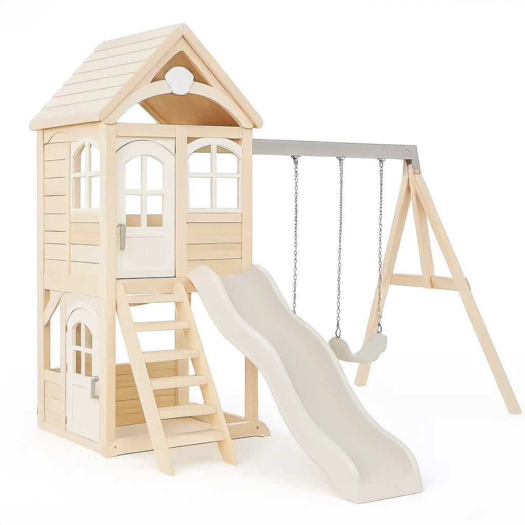 Holzspielhaus mit Rutsche und Schaukel Natur