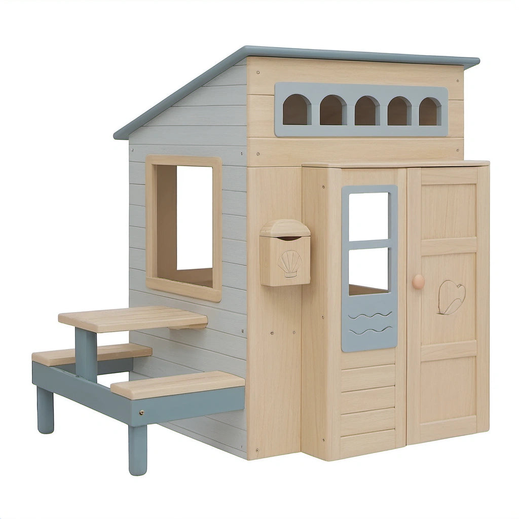 Kinderspielhaus aus Kiefernholz mit Tisch und Bank Natur/Grau