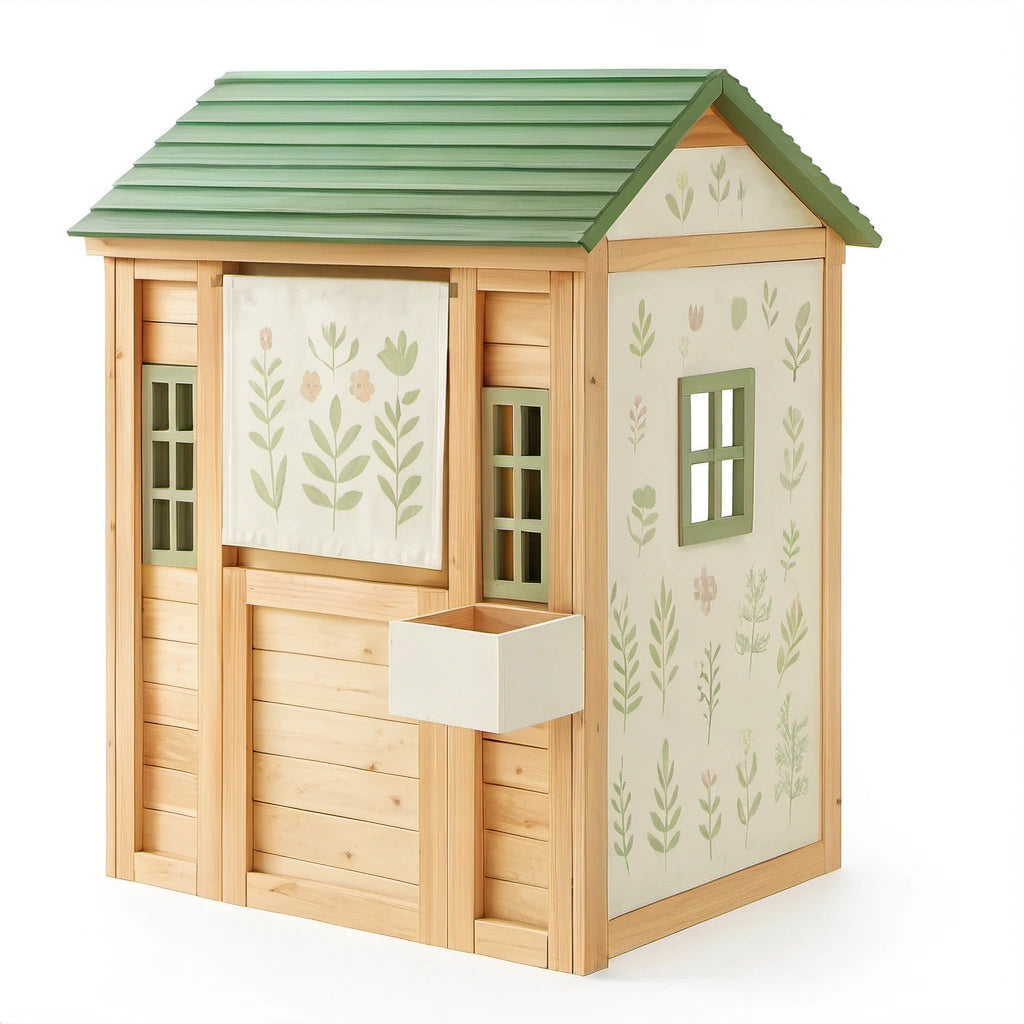 Kinder Spielhaus Holz Naturholz mit Blumenmuster 120cm x 100cm x 150cm