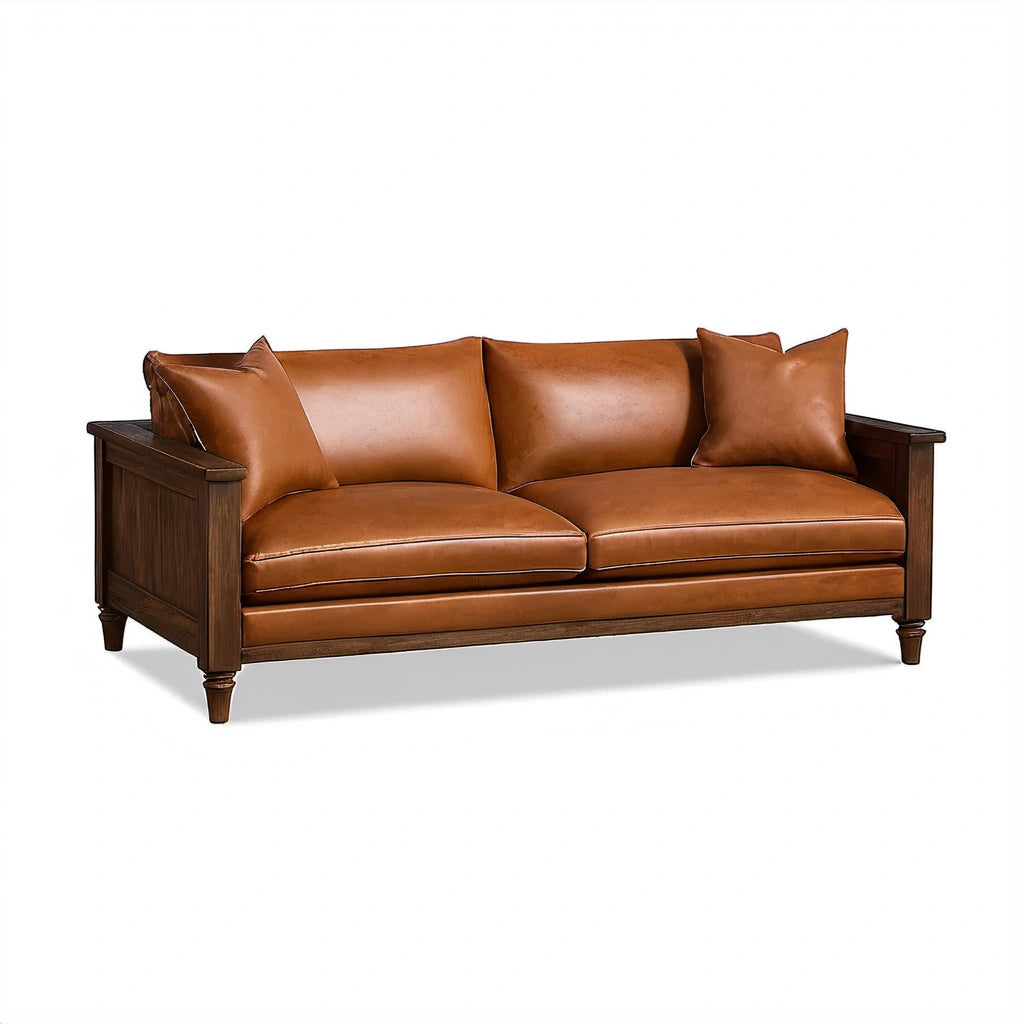 3-Sitzer Ledersofa Braun Eiche Massivholz