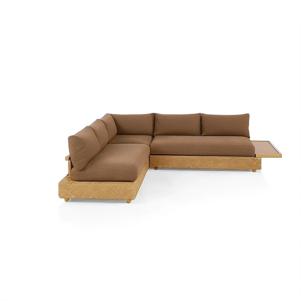 Ecksofa Braun aus Stoff und Holz mit Rattan