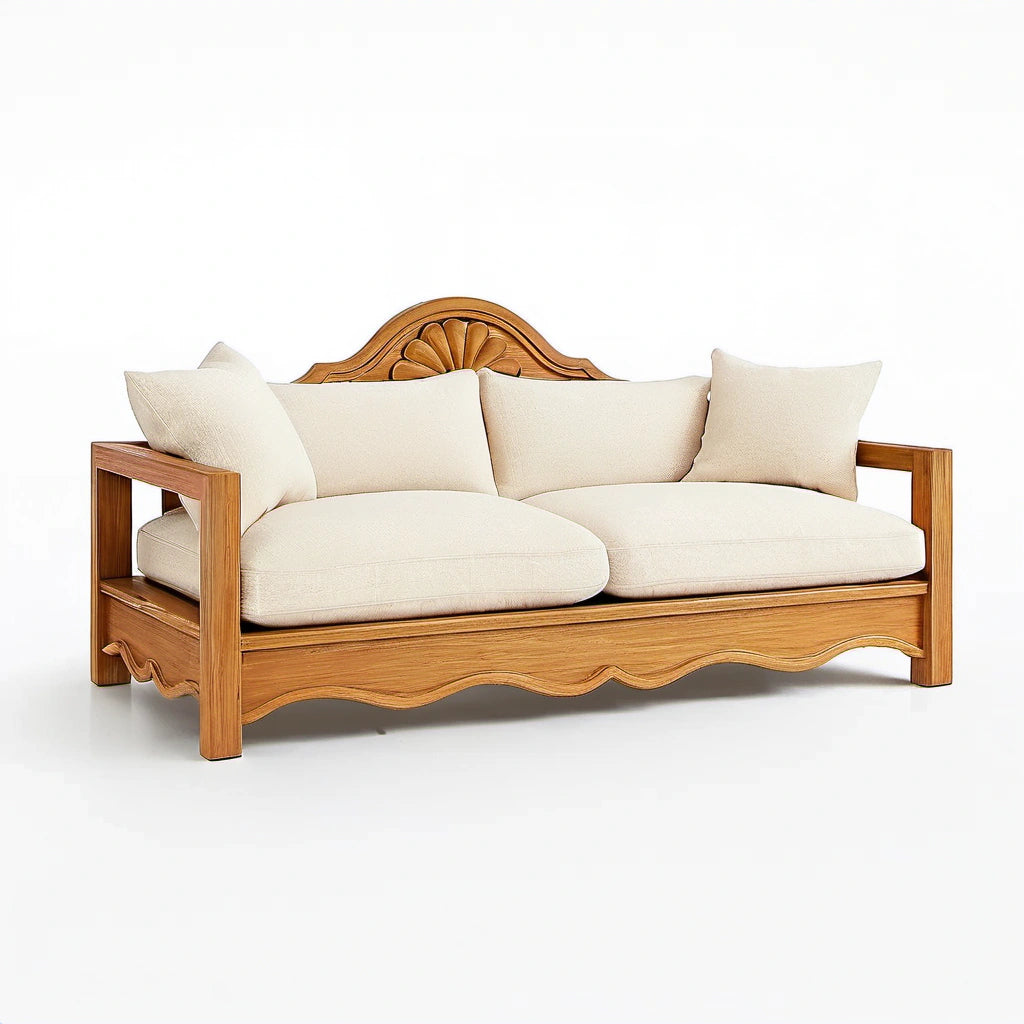 Holzsofa mit Leinenbezug Beige