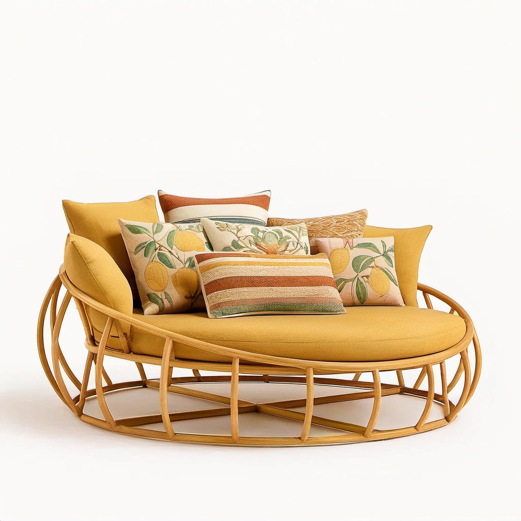 Rundes Sofa aus Rattan mit Gelben Polyesterkissen