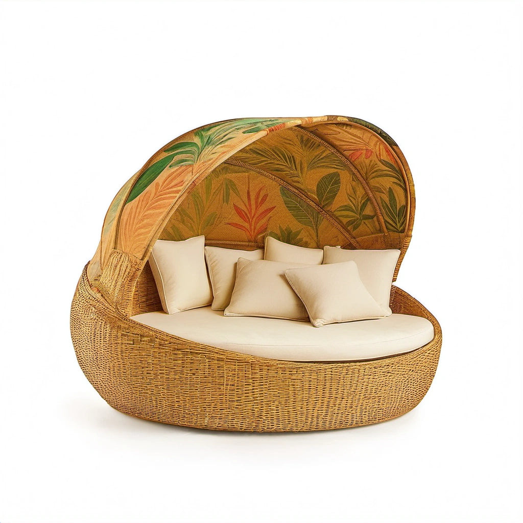 Runde Rattan Sonnenliege mit Verstellbarem Dach und Kissen Natur