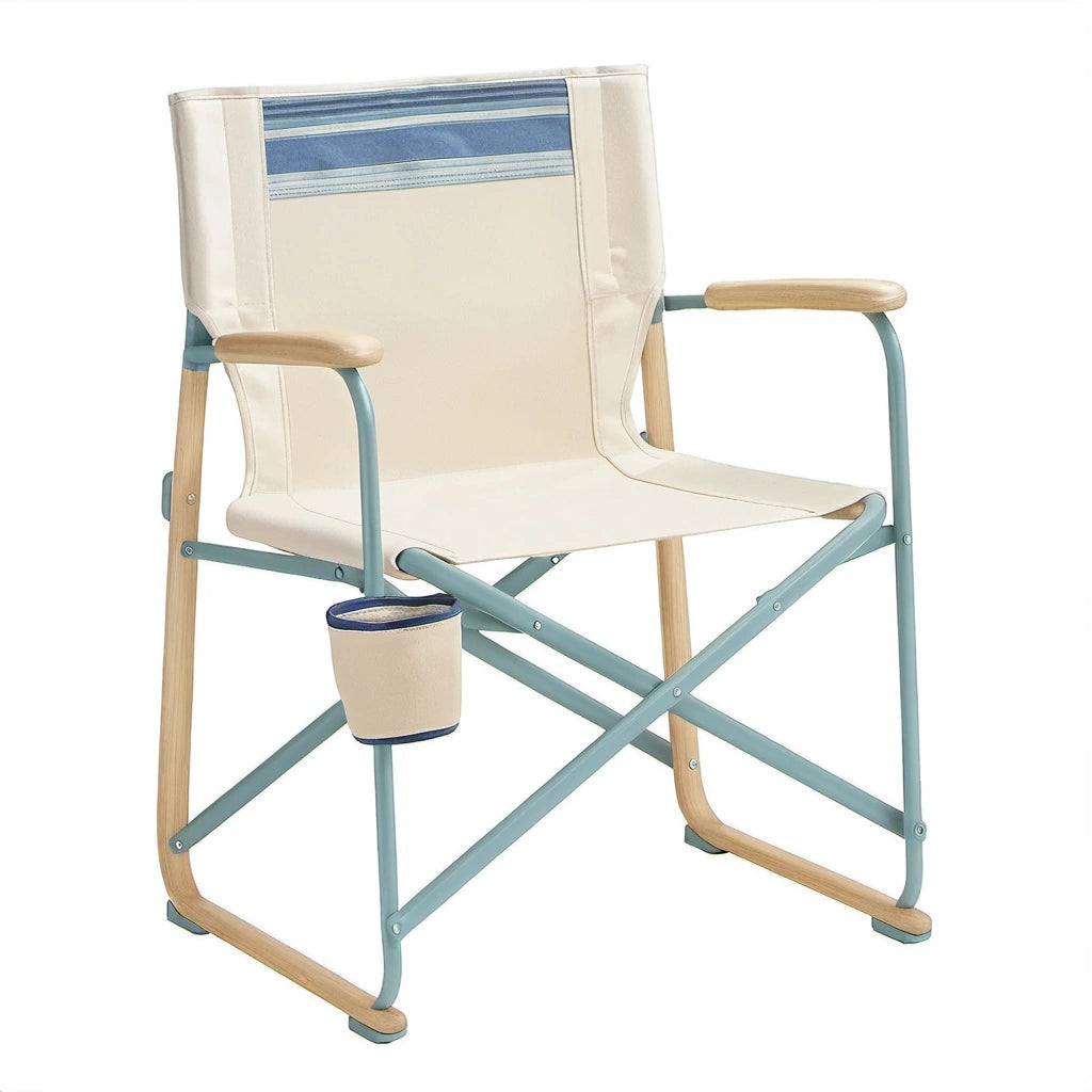 Klappbarer Stuhl aus Metall mit Baumwollbezug in Beige und Blau
