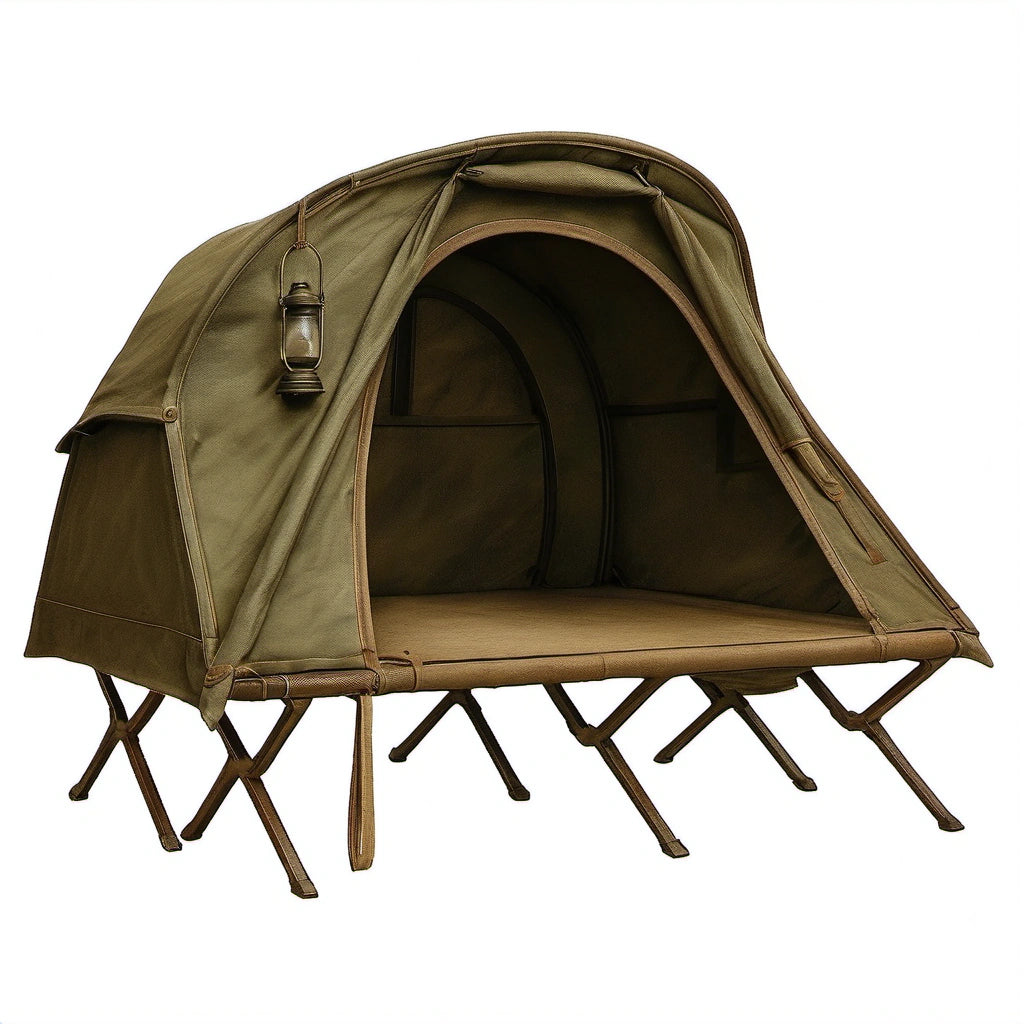 Canvas-Campingzelt mit integrierter Liege und Aluminiumrahmen, Olivgrün